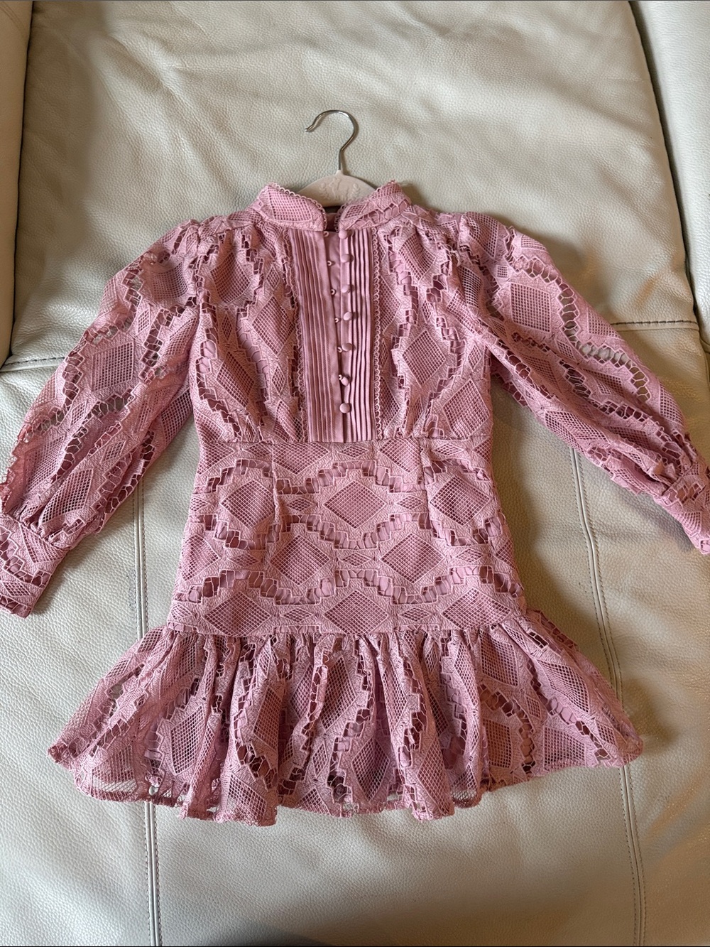 Bardot Pink Lace Long-Sleeve Ruffle Hem Dress